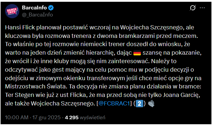 Oto POWÓD wczorajszego występu Ter Stegena kosztem Wojciecha Szczęsnego!